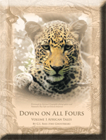 Down on all fours Vol 1 book cover- picture of a leopard's head in a tree